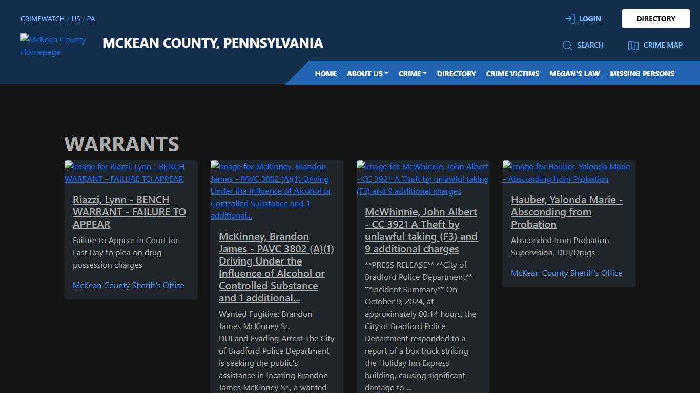Warrants for McKean County, Pennsylvania CRIMEWATCH