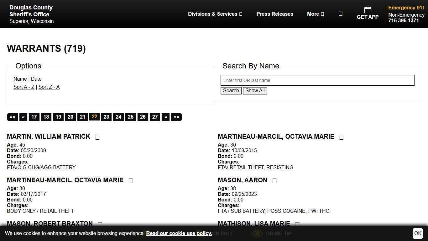 Warrants Douglas County Sheriff WI Sort Name - Ascending Page 22