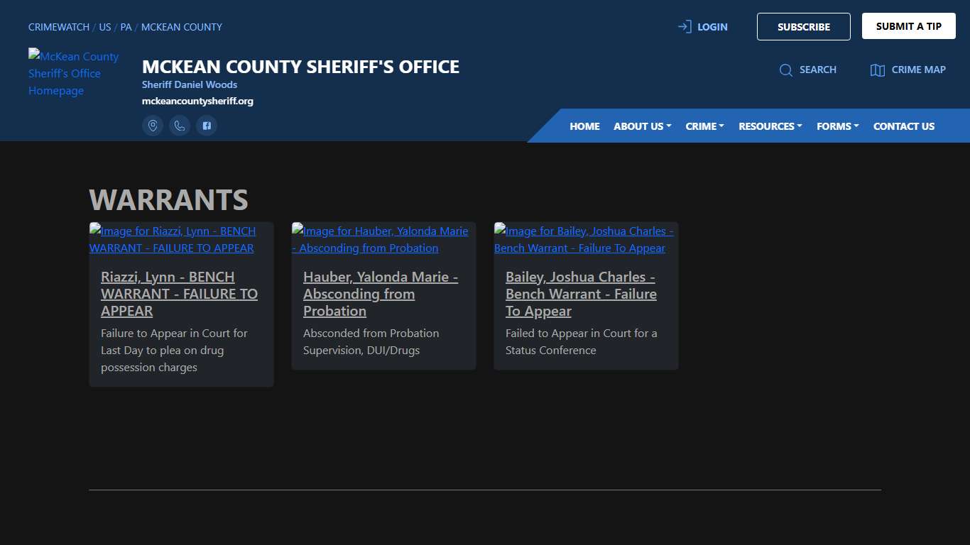 McKean County Sheriff's Office Warrants CRIMEWATCH